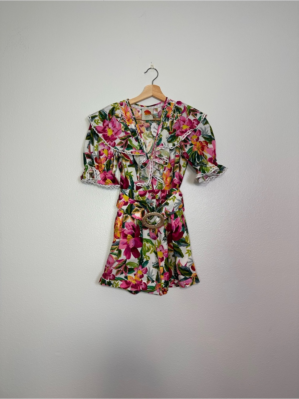 FARM Rio White Floral Ruffle Lace-Trim Mini Dress with Pink & Green - Picture 4 of 4